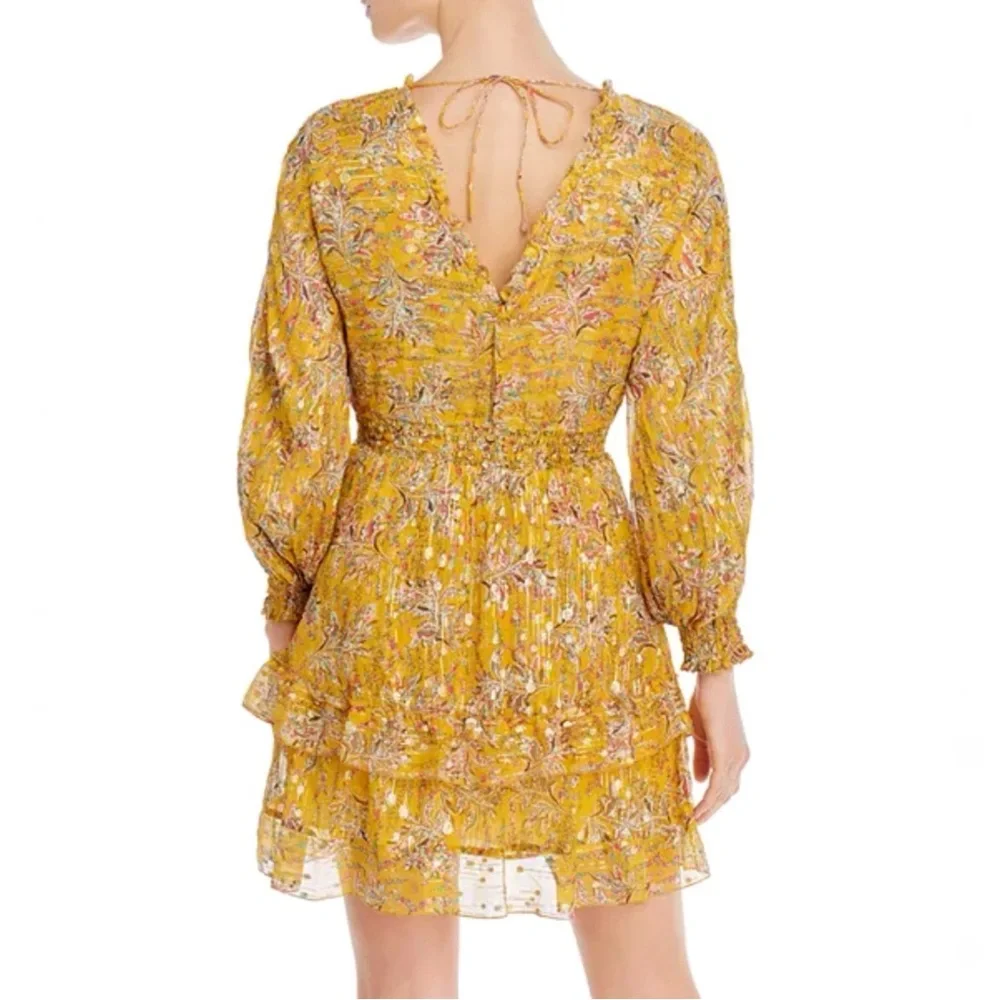 THE KOOPLES FEUILLE D’OR SILK FLORAL METALLIC GOLD YELLOW LONG SLEEVE MINI DRESS - Picture 12 of 15